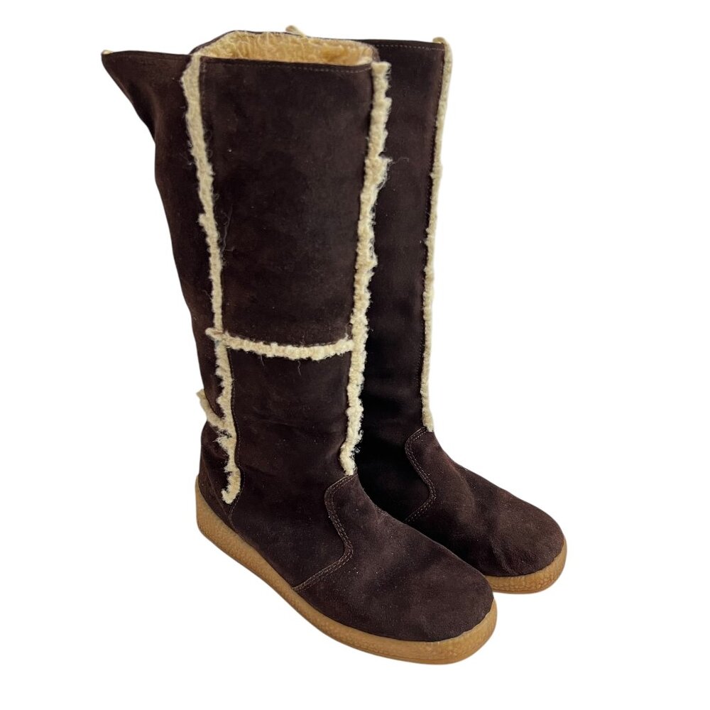 Vintage Snowland shearling boots brown suede patchwork shearling lining size 10